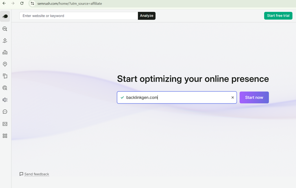 Semrush Get Started and put your domain and click start now.