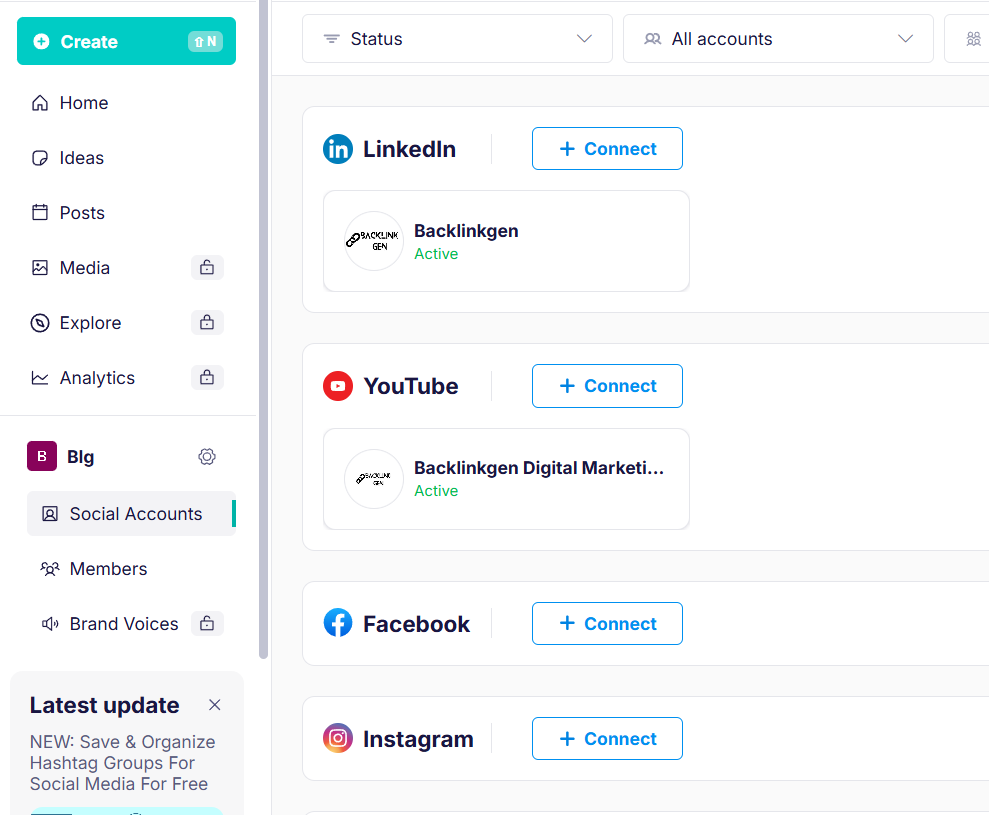 Publer Social Account Connection feature